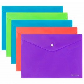 Папка-конверт с кнопкой А4, КОМПЛЕКТ 5 шт., яркие неоновые цвета ассорти, BRAUBERG "NEON", 272872