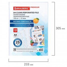 Папки-файлы перфорированные А4 BRAUBERG "PREMIUM", КОМПЛЕКТ 100 шт., матовые, 25 мкм, 273000