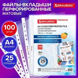 Папки-файлы перфорированные А4 BRAUBERG "PREMIUM", КОМПЛЕКТ 100 шт., матовые, 25 мкм, 273000