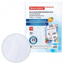 Папки-файлы перфорированные А4 BRAUBERG "PREMIUM", КОМПЛЕКТ 100 шт., матовые, 25 мкм, 273000