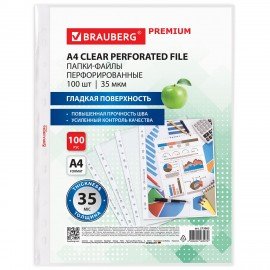 Папки-файлы перфорированные А4 BRAUBERG "PREMIUM", КОМПЛЕКТ 100 шт., гладкие, 35 мкм, 273003