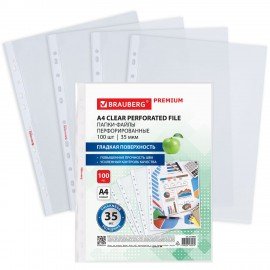 Папки-файлы перфорированные А4 BRAUBERG "PREMIUM", КОМПЛЕКТ 100 шт., гладкие, 35 мкм, 273003