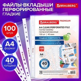 Папки-файлы перфорированные А4 BRAUBERG "PREMIUM", КОМПЛЕКТ 100 шт., гладкие, 40 мкм, 273007