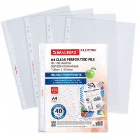 Папки-файлы перфорированные А4 BRAUBERG "PREMIUM", КОМПЛЕКТ 100 шт., гладкие, 40 мкм, 273007
