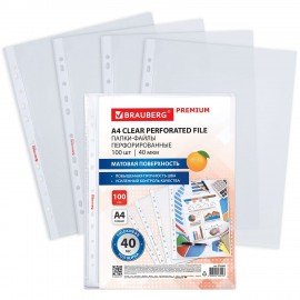 Папки-файлы перфорированные А4 BRAUBERG "PREMIUM", КОМПЛЕКТ 100 шт., матовые, 40 мкм, 273008