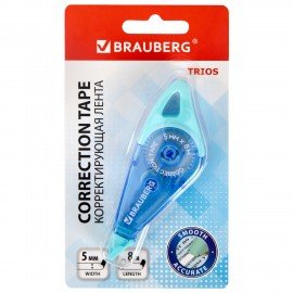 Корректирующая лента BRAUBERG TRIOS, 5 мм х 8 м, корпус мятный/голубой с подвесом, блистер, 273023