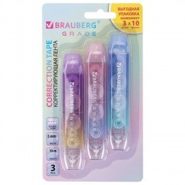 Корректирующая лента двусторонняя BRAUBERG GRADE PASTEL, 5 мм x 10 м, КОМПЛЕКТ 3 штук, 273026