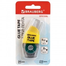 Клей-лента BRAUBERG SPECIAL, 6 мм х 8 м, корпус жёлтый, блистер, 273028