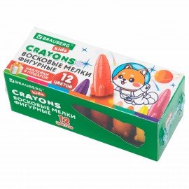 Восковые мелки фигурные BRAUBERG KIDS "РАКЕТА", НАБОР 12 цветов + НАКЛЕЙКИ В ПОДАРОК!, 273082