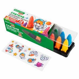 Восковые мелки фигурные BRAUBERG KIDS "РАКЕТА", НАБОР 12 цветов + НАКЛЕЙКИ В ПОДАРОК!, 273082