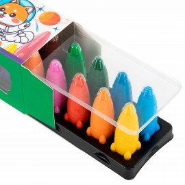 Восковые мелки фигурные BRAUBERG KIDS "РАКЕТА", НАБОР 12 цветов + НАКЛЕЙКИ В ПОДАРОК!, 273082