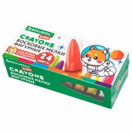Восковые мелки фигурные BRAUBERG KIDS "РАКЕТА", НАБОР 24 цвета + НАКЛЕЙКИ В ПОДАРОК!, 273083