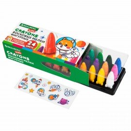 Восковые мелки фигурные BRAUBERG KIDS "РАКЕТА", НАБОР 24 цвета + НАКЛЕЙКИ В ПОДАРОК!, 273083