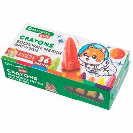 Восковые мелки фигурные BRAUBERG KIDS "РАКЕТА", НАБОР 36 цветов + НАКЛЕЙКИ В ПОДАРОК!, 273084