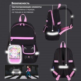 Рюкзак BRAUBERG PASTEL с термонашивками в комплекте, "Black kitty", черный, 40х29х14 см, 273128