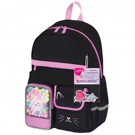 Рюкзак BRAUBERG PASTEL с термонашивками в комплекте, "Black kitty", черный, 40х29х14 см, 273128