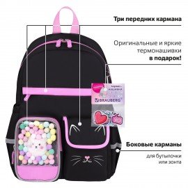 Рюкзак BRAUBERG PASTEL с термонашивками в комплекте, "Black kitty", черный, 40х29х14 см, 273128