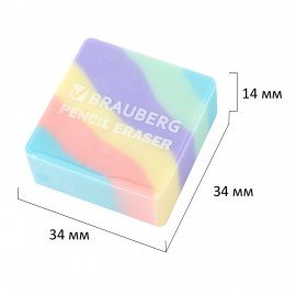 Ластик BRAUBERG PASTEL, 34х34х14 мм, квадратный, эко-пвх, цвет ластика ассорти, 273210