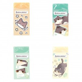 Ластик BRAUBERG CUTE CATS, 50х24х10 мм, прямоугольный, цвет ластика ассорти, эко-пвх, картонный держатель, 273227