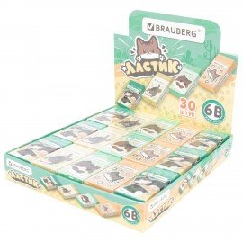 Ластик BRAUBERG CUTE CATS, 50х24х10 мм, прямоугольный, цвет ластика ассорти, эко-пвх, картонный держатель, 273227