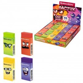 Ластик BRAUBERG CUTE MONSTERS, 50х24х10 мм, прямоугольный, цвета ластика ассорти, эко-пвх, картонный держатель, 273236