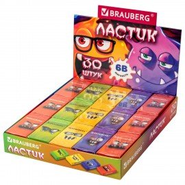 Ластик BRAUBERG CUTE MONSTERS, 50х24х10 мм, прямоугольный, цвета ластика ассорти, эко-пвх, картонный держатель, 273236