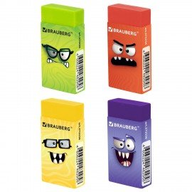 Ластик BRAUBERG CUTE MONSTERS, 50х24х10 мм, прямоугольный, цвета ластика ассорти, эко-пвх, картонный держатель, 273236