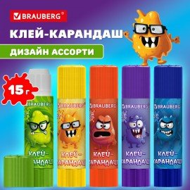 Клей-карандаш 15 г, кросс-серия МОНСТРИКИ, ассорти, BRAUBERG, 273237