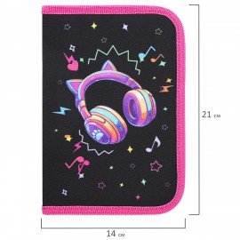 Пенал BRAUBERG с наполнением, 1 отделение, 1 откидная планка, 24 предмета, 21х14 см, Headphones, 273531