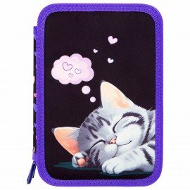 Пенал BRAUBERG, 3 отделения, полиэстер, 21х14 см, Sleeping kitten, 273538
