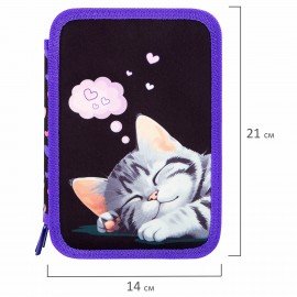 Пенал BRAUBERG, 3 отделения, полиэстер, 21х14 см, Sleeping kitten, 273538