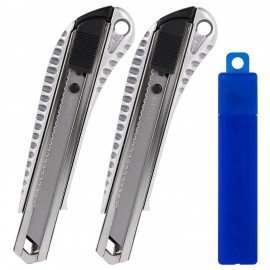 Нож канцелярский 18 мм КОМПЛЕКТ 2 штуки + 10 ЛЕЗВИЙ, металлический корпус, BRAUBERG Metallic, 273929