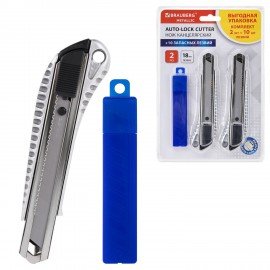 Нож канцелярский 18 мм КОМПЛЕКТ 2 штуки + 10 ЛЕЗВИЙ, металлический корпус, BRAUBERG Metallic, 273929