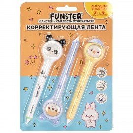 Корректирующая лента FUNSTER(ФАНСТЕР) "Милые зверята" 5ммx6м, ВЫГОДНАЯ УПАКОВКА 3шт, блистер, 273984