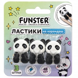Ластик-топпер для карандаша FUNSTER (ФАНСТЕР) "ПАНДЫ", НАБОР 3 ШТУКИ, блистер, 274012