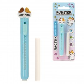 Ластик выдвижной с топпером + 1 сменный ластик FUNSTER (ФАНСТЕР) "КОТЁНОК", 125х12х12 мм, белый, голубой держатель, блистер, 274021