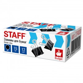 Зажимы для бумаг STAFF ECO, КОМПЛЕКТ 12 шт, 15 мм, на 45 листов, черные, картонная коробка, 274030