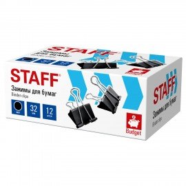 Зажимы для бумаг STAFF ECO, КОМПЛЕКТ 12 шт, 32 мм, на 140 листов, черные, картонная коробка, 274033