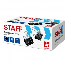 Зажимы для бумаг STAFF ECO, КОМПЛЕКТ 12 шт, 41 мм, 200 листов, черные, картонная коробка, 274034