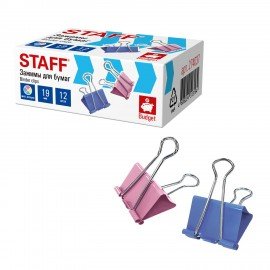 Зажимы для бумаг STAFF ECO, КОМПЛЕКТ 12 шт, 19 мм, на 60 листов, цветные, картонная коробка, 274037