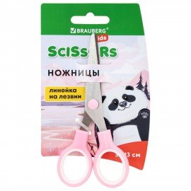 Ножницы BRAUBERG KIDS 130 мм, ручки розовые, закругленные лезвия с линейкой, 274063