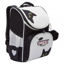 Ранец GRIZZLY анатомическая спинка, с мешком для обуви, для девочек, "BLACKY", серый, 33х25х13 см, RAm-584-1/2