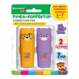 Ручка-корректор 7 мл, ВЫГОДНАЯ УПАКОВКА, КОМПЛЕКТ 2 штуки, BRAUBERG KIDS "ЗВЕРЯТА", металлический наконечник, 274230