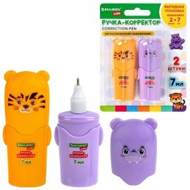 Ручка-корректор 7 мл, ВЫГОДНАЯ УПАКОВКА, КОМПЛЕКТ 2 штуки, BRAUBERG KIDS "ЗВЕРЯТА", металлический наконечник, 274230