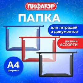 Папка для тетрадей А4 ПИФАГОР, пластик, молния сверху, прозрачная, АССОРТИ, 274471