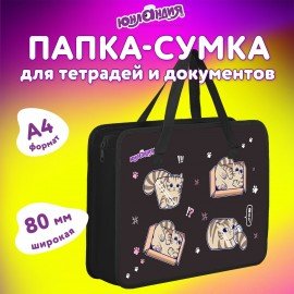 Папка на молнии с ручками ЮНЛАНДИЯ А4, 1 отделение, пластик, 80 мм, "Box cats", 274486