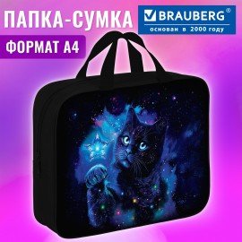 Папка на молнии с ручками BRAUBERG А4, 1 отделение, полиэстер, 80 мм, "Star cat", 274505