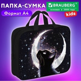 Папка на молнии с ручками BRAUBERG KIDS А4, 1 отделение, полиэстер, 80 мм, "Moon cat", 274513