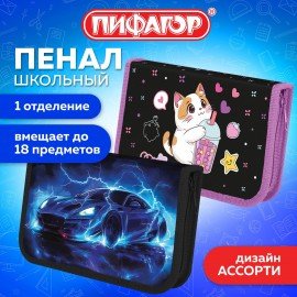 Пенал ПИФАГОР, 1 отделение, ламинированный картон, 19х11 см, АССОРТИ, 274559