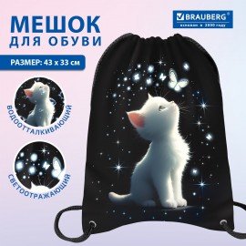 Мешок для обуви BRAUBERG PREMIUM, карман, подкладка, светоотражайка, 43х33 см, "White kitten", 274646